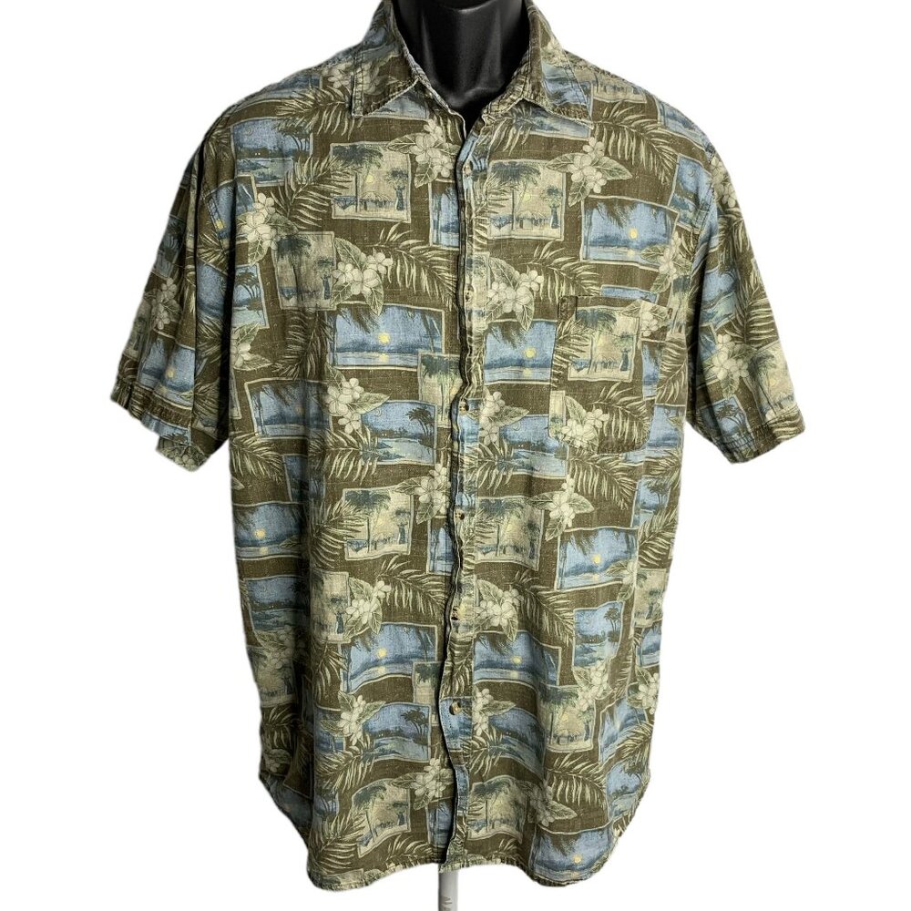 Panama Jack Hawaiian Camp Shirt L Brown Blue Button Up Short Sleeve Chest Pocket